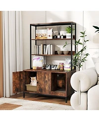 Gymax 57'' Cat Litter Box Enclosure w/ Storage 2-tier Shelves Removable Scratcher