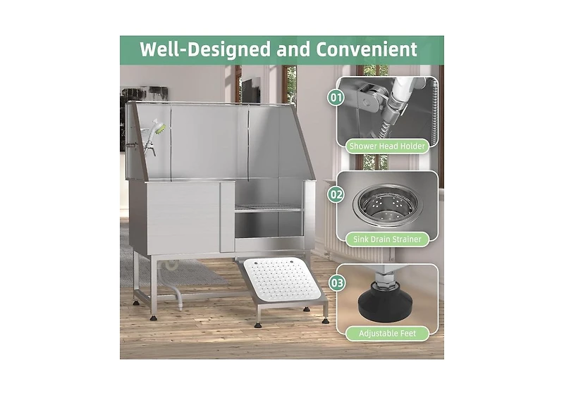 Aecojoy 50” Height Adjustable Stainless Steel Dog Bathtub with Ramp