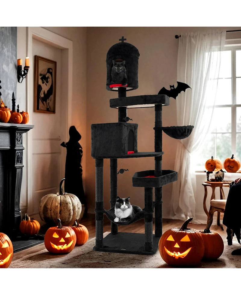 Gymax Gothic Cat Tree for Indoor Cats Extra Large Cat Tower w/2 Cat Condos Coffin Bed