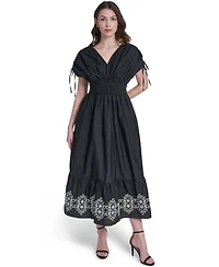 Vince Camuto Women's V-Neck Embroidered Hem Midi Dress