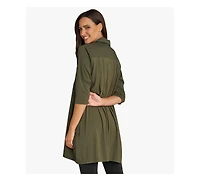 Stella Carakasi Women's 3/4 Sleeve Button-Front Cotton Poplin And Jersey Shirt Top Tiburon Tunic Icon