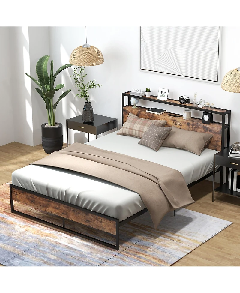 Gymax Industrial Platform Bed Frame with Charging Station Storage Headboard