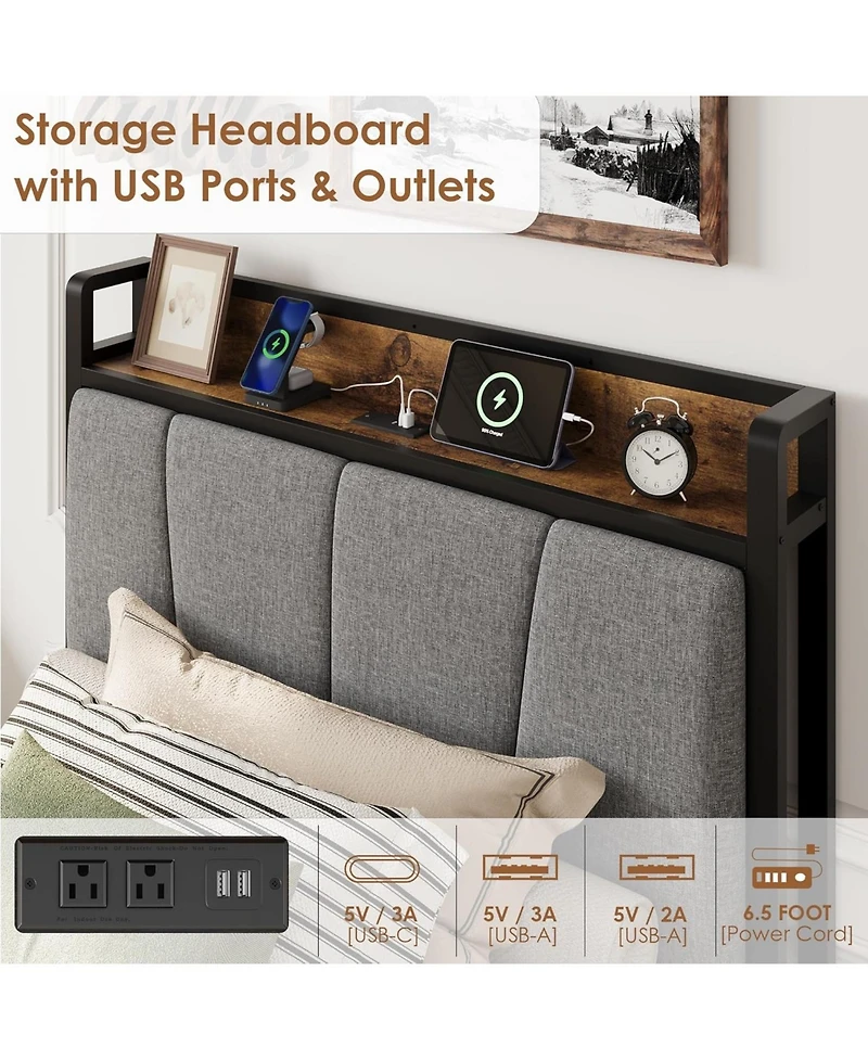gaomon Bed Frame with 2 Drawers Charging Station Rustic Linen Upholstered No Box Spring Needed