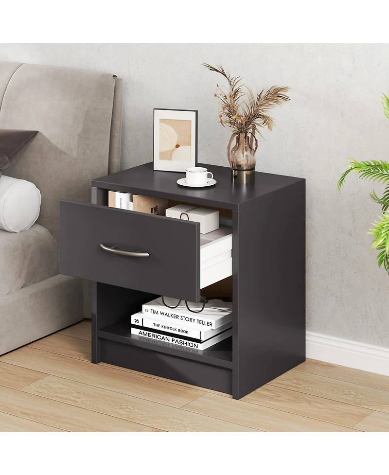 Sugift Nightstand with Drawer and Open Storage Shelf