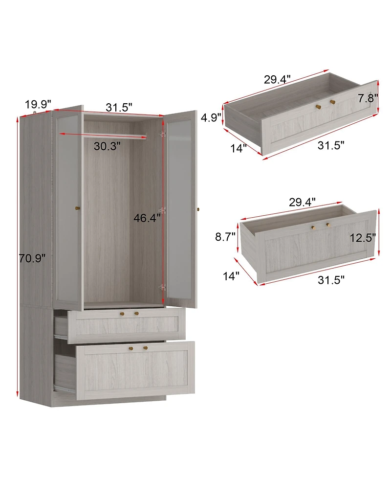 Famapy Wardrobe Closet with 2 Glass Doors and 2 Drawers, Wardrobe Closet Armoire with Hanging Rod