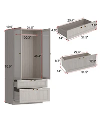 Famapy Wardrobe Closet with 2 Glass Doors and 2 Drawers, Wardrobe Closet Armoire with Hanging Rod