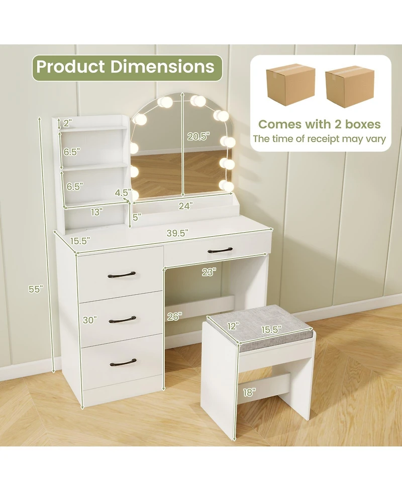 Sugift Makeup Vanity Desk and Stool Set with Mirror and Lights