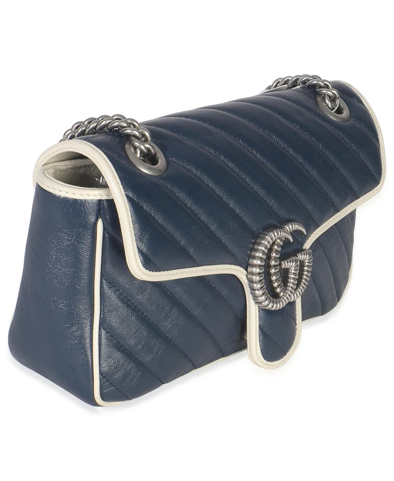 Pre-Owned Gucci Navy White Calfskin Matelasse Diagonal Torchon Medium Gg Marmont Bag