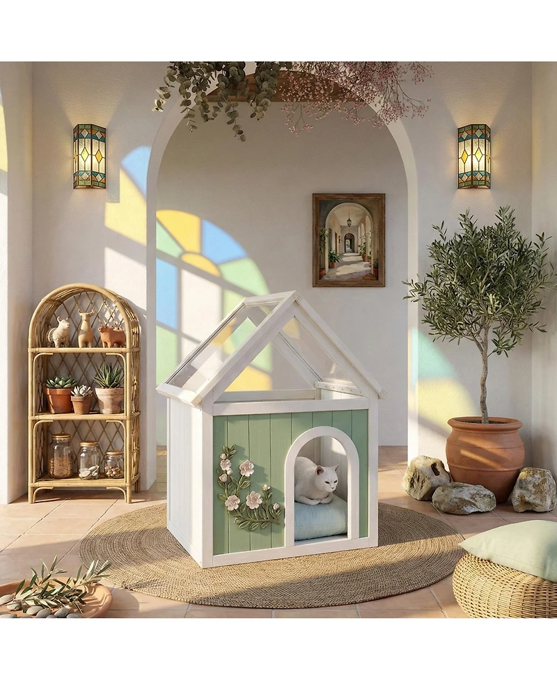 6thdruple Wood Pet House with Clear Roof and Carvings