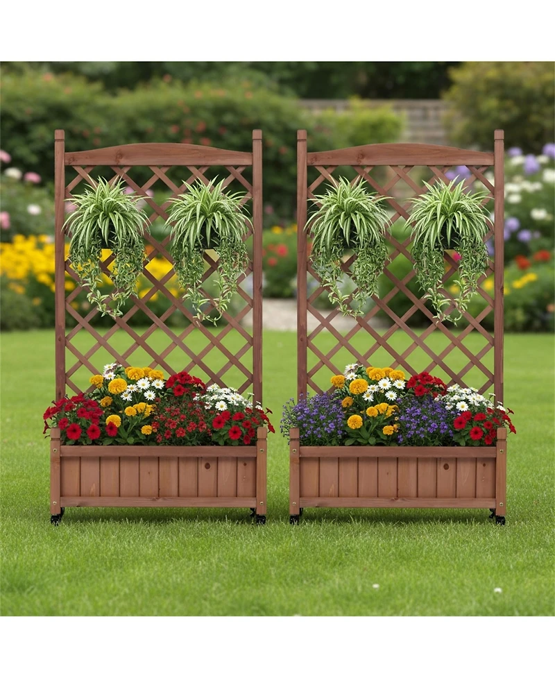 Clihome 2 Pack Raised Garden Bed with Trellis, Outdoor Wooden Planter Box & Plant Stand with Climbing Racks