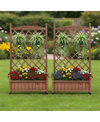 Clihome 2 Pack Raised Garden Bed with Trellis, Outdoor Wooden Planter Box & Plant Stand with Climbing Racks