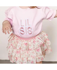 Sweet Wink Baby Girls Lil Sis Embroidered Patch Short Sleeve Romper