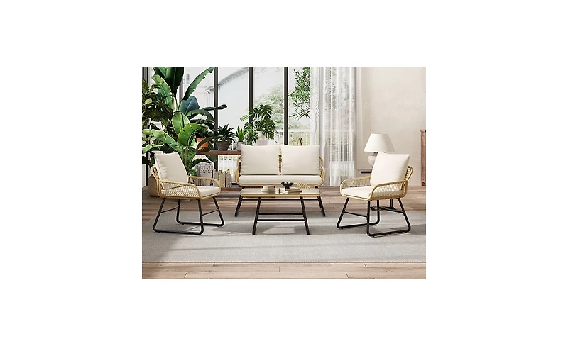 Yaheetech 4-Piece Patio Furniture Conversation Set 1 Boho Table & 1 Loveseat & 2 Conversation Chairs, Tan/Cream
