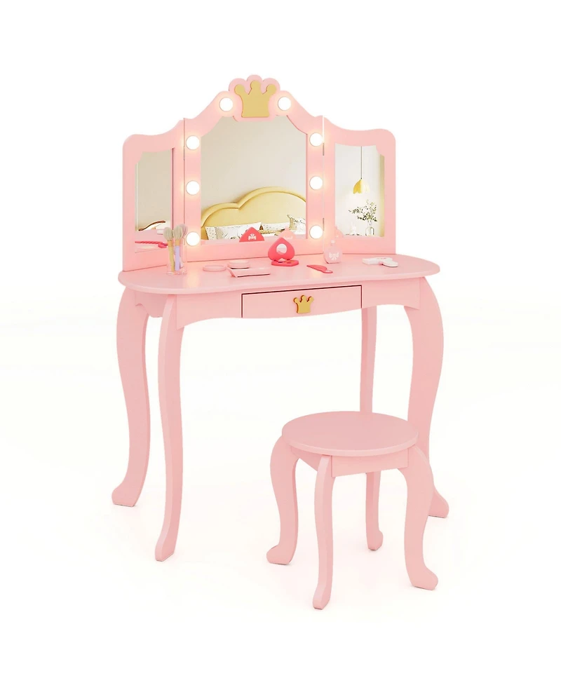 Sugift Kids Vanity Set with Tri Fold Lighted Mirror and Stool