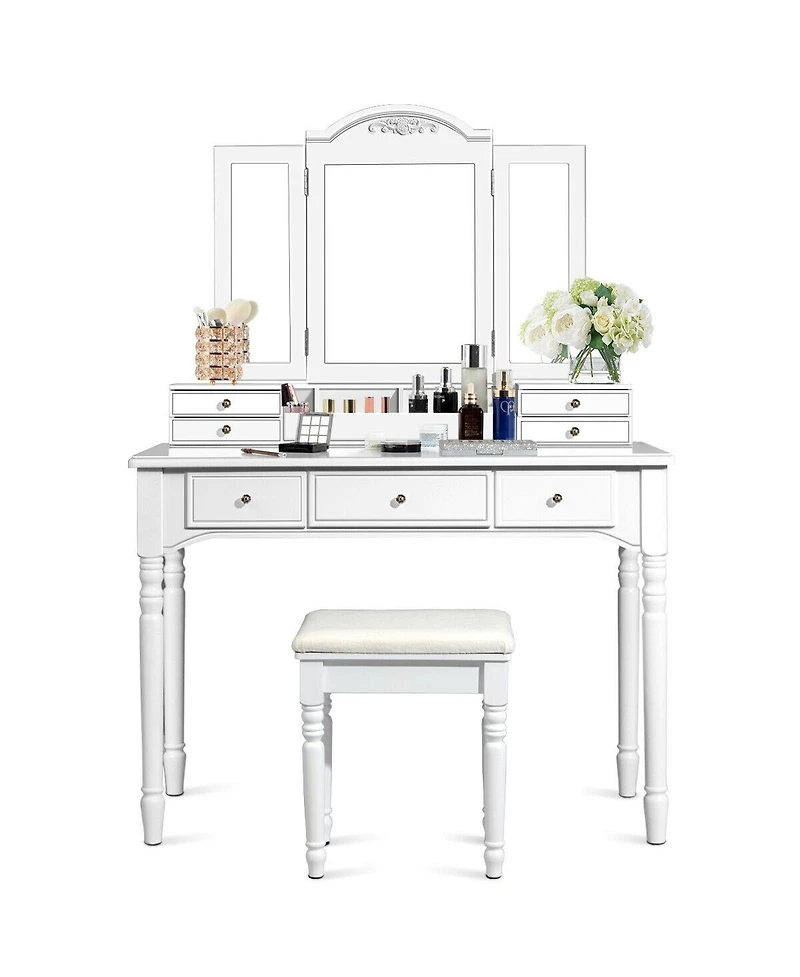 Sugift Makeup Dressing Table with Tri Folding Mirror and Stool