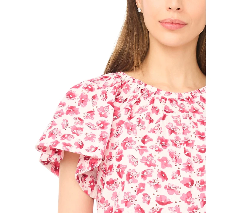 CeCe Women's Floral Ruffle-Sleeve Crewneck Cotton Top