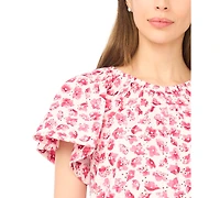 CeCe Women's Floral Ruffle-Sleeve Crewneck Cotton Top