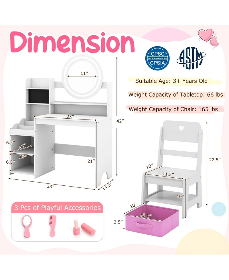 Sugift Kids Vanity Desk with Mirror and Lights Dressing Table Set