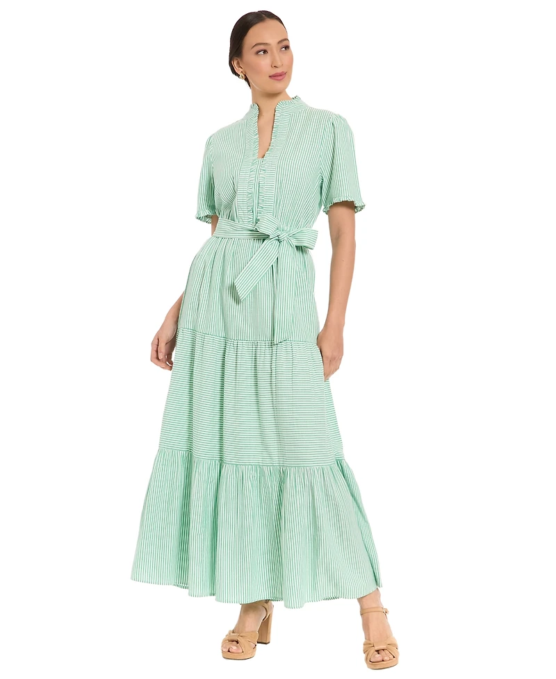 London Times Petite Fit & Flare Slit Neck Tiered Maxi Dress