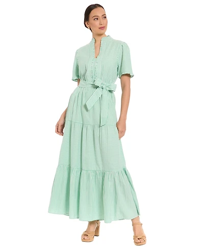 London Times Petite Fit & Flare Slit Neck Tiered Maxi Dress