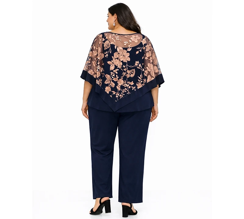 R & M Richards Plus Floral Embroidered Top and Pants, 2-Piece Set