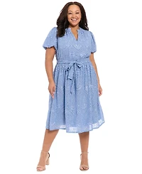 London Times Plus Short-Sleeve Notch Neck Midi Dress