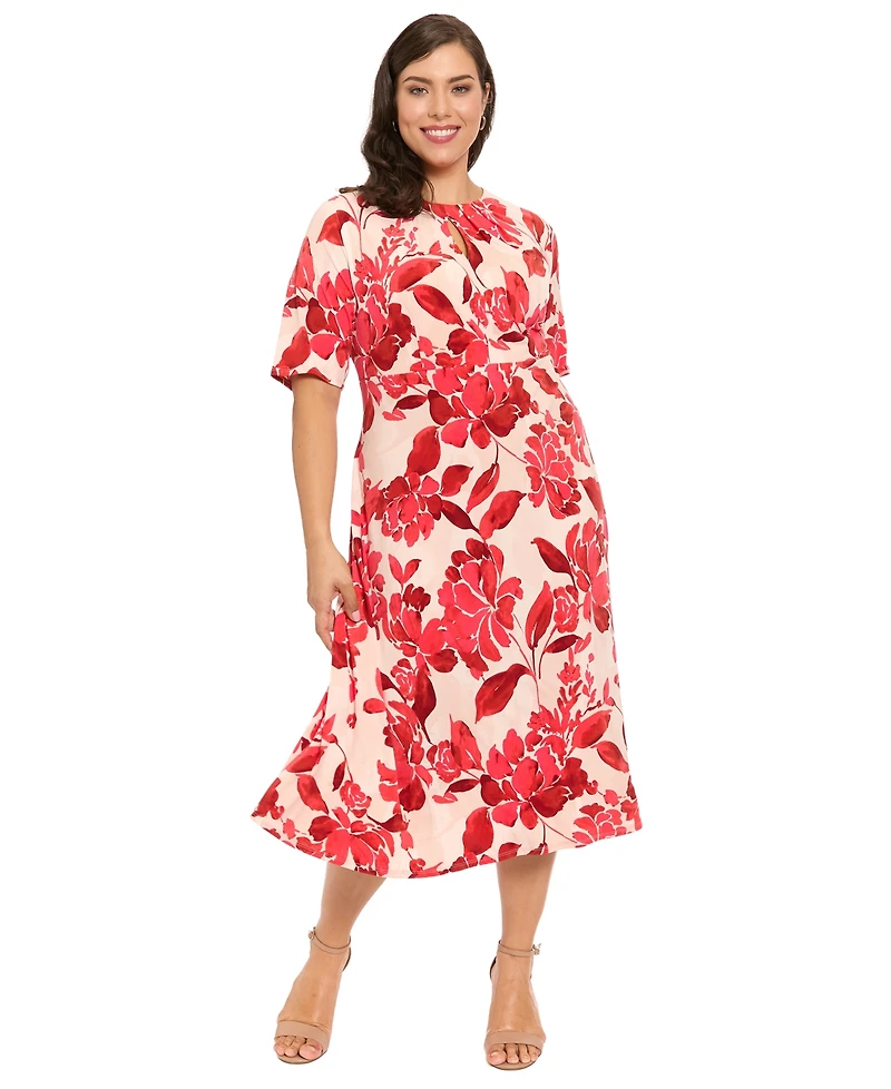 London Times Plus Short-Sleeve Keyhole Neck Midi Dress