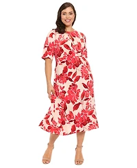 London Times Plus Short-Sleeve Keyhole Neck Midi Dress