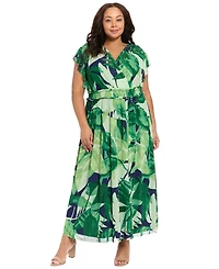 London Times Plus Flutter-Sleeve Surplice Neck Tiered Maxi Dress