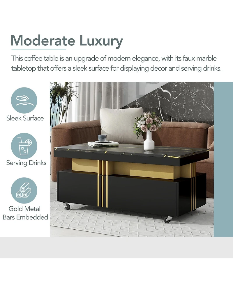 Rainsken Coffee Table with Faux Marble Top, Rectangle Center Table with 2 Drawers and Caster Wheels for Living Room