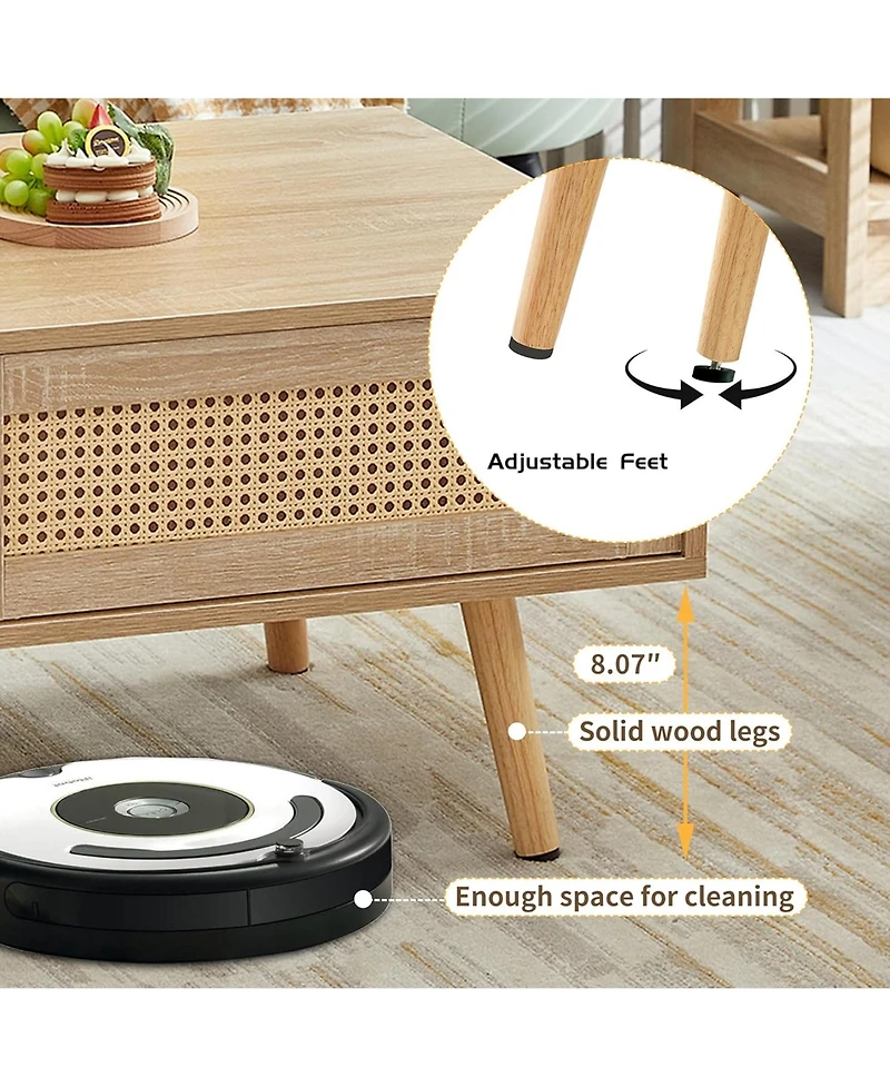 Rainsken 41.34" Rattan Coffee Table, Rectangle Wooden Center Tables with Sliding Door and Solid Wood Legs for Living Room, Home Office