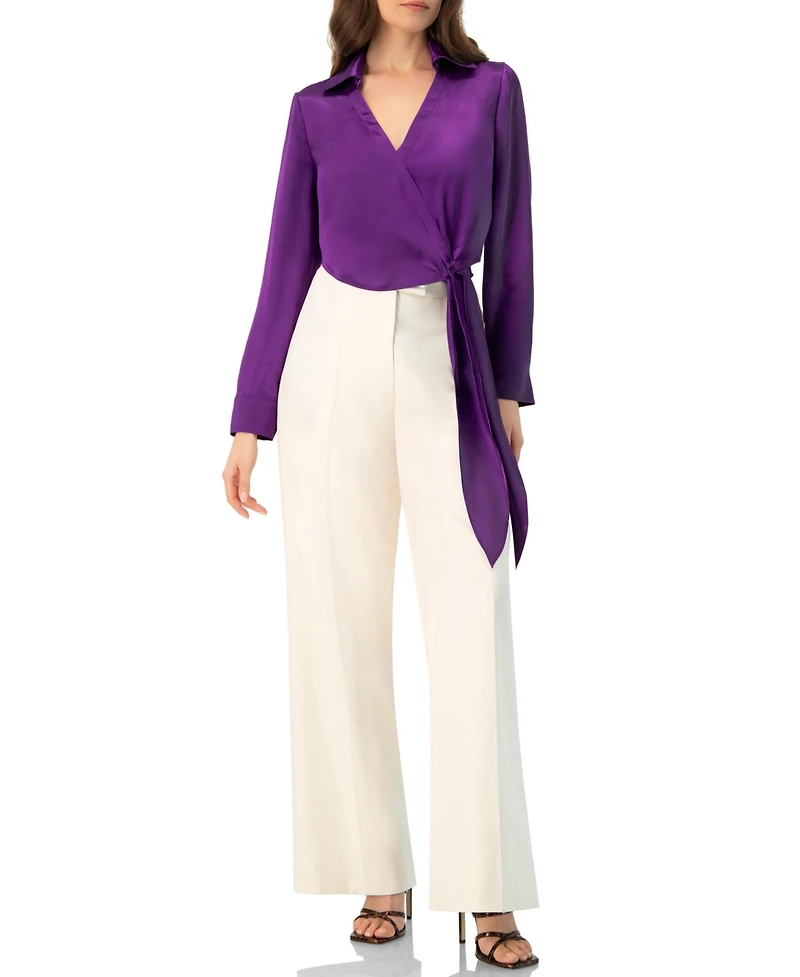 Ivonne Women's Wrap Satin Blouse with Tie Detail