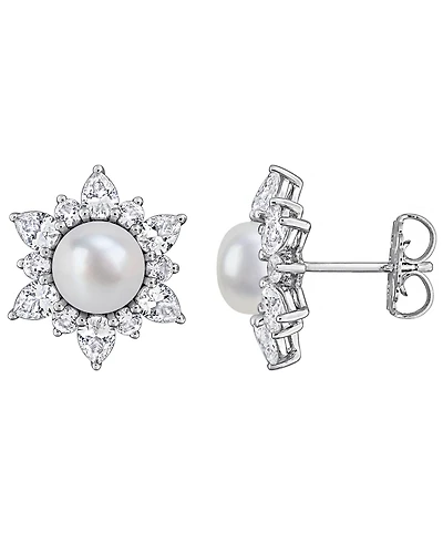 Macy's Cultured Freshwater Pearl & Created White Sapphire (3-3/8 ct. t.w.) Earrings in Sterling Silver