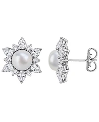 Macy's Cultured Freshwater Pearl & Created White Sapphire (3-3/8 ct. t.w.) Earrings in Sterling Silver