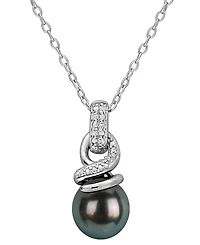 Macy's Cultured Tahitian Pearl and Diamond Accent (0.04 ct. t.w.) Necklace in Sterling Silver