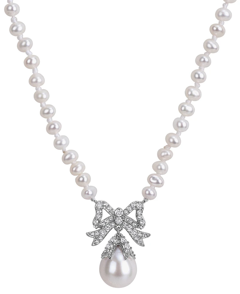 Macy's Cultured Freshwater Pearl & White Topaz (3/4 ct. t.w.) Necklace in Sterling Silver