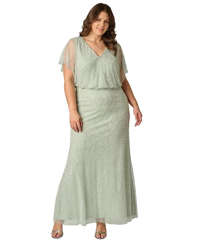 Adrianna Papell Plus Beaded Blouson-Sleeve Ball Gown