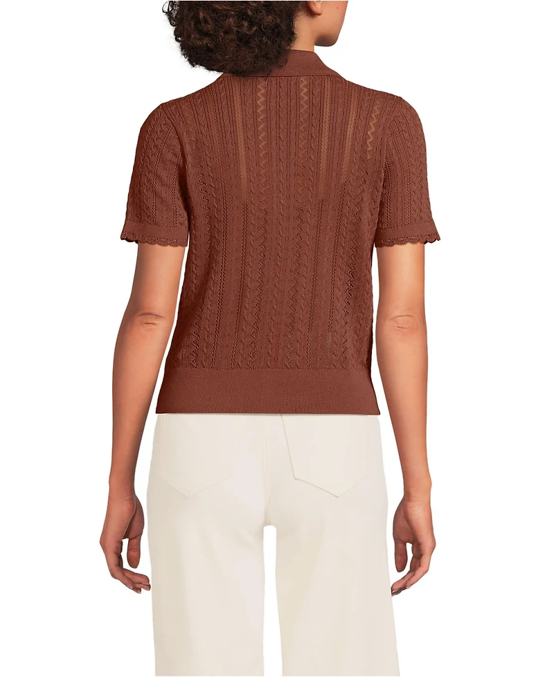 Lands' End Women's Fine Gauge Cotton Pointelle Polo Sweater