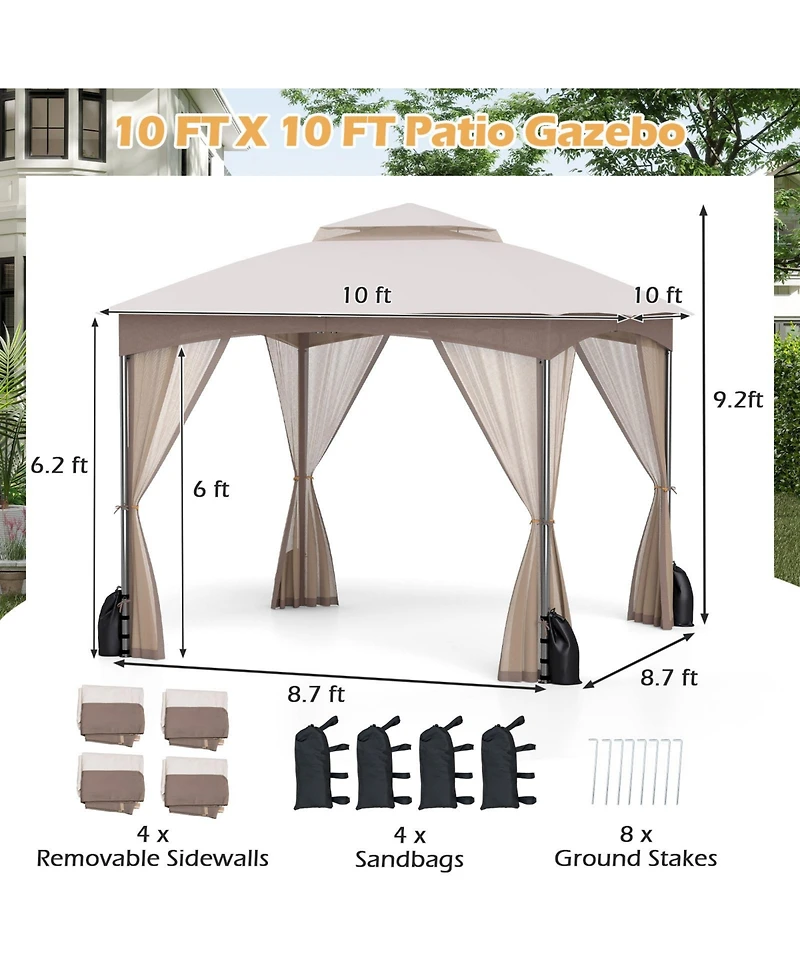 Gymax 10 X 10 Ft Patio Gazebo w/ Netting Walls Soft Top Double Roof Canopy w/ 4 Sandbags Outdoor