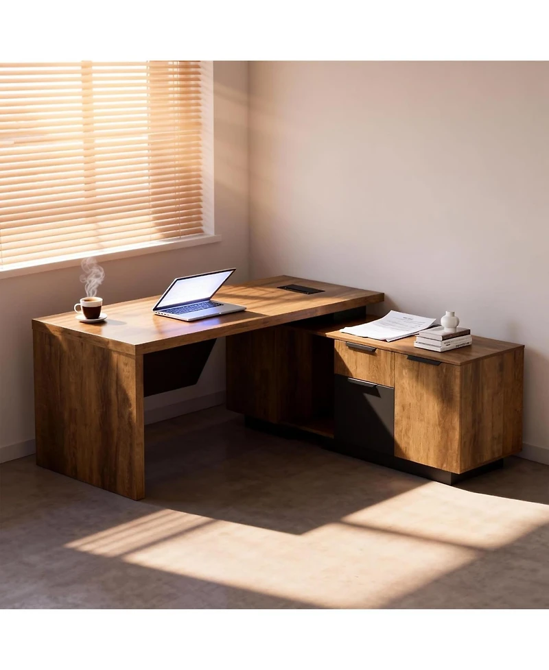 logicfox Retractable Office L-Shaped Desk with Drawers and Lateral File Cabinet