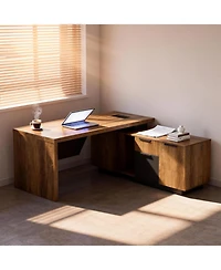 logicfox Retractable Office L-Shaped Desk with Drawers and Lateral File Cabinet