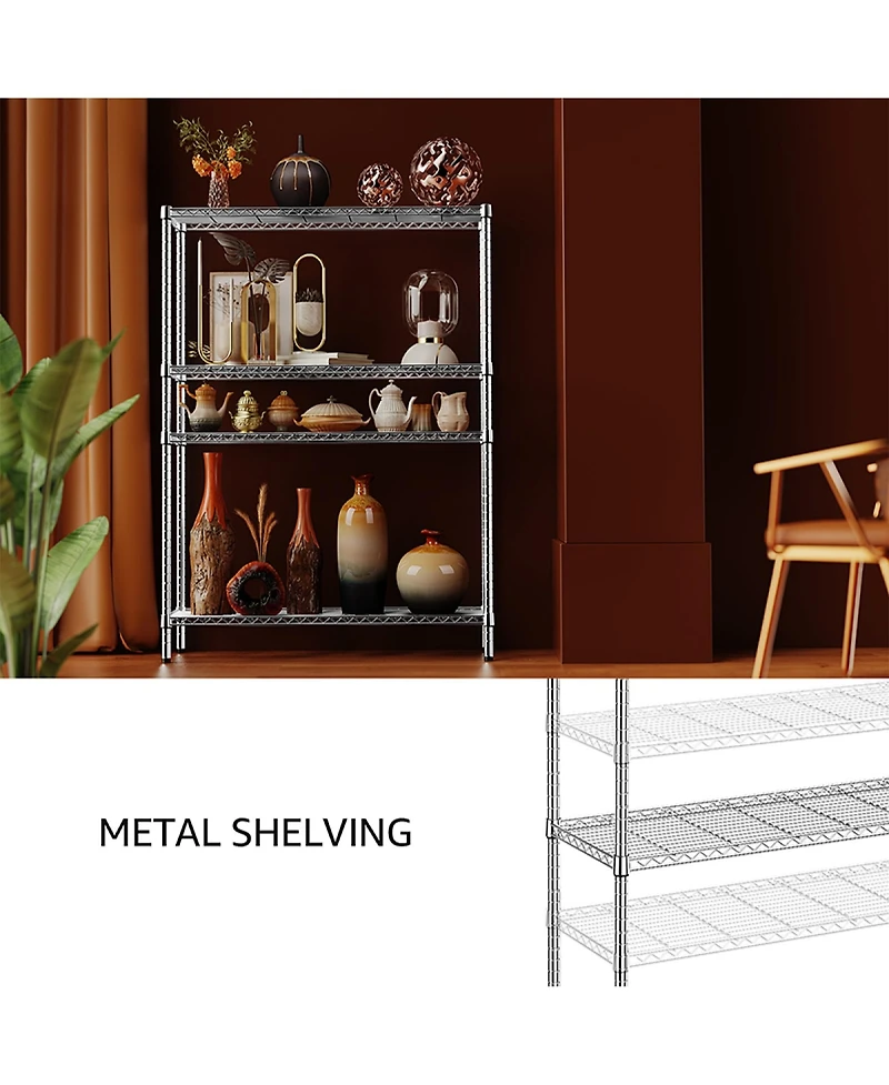 Rainsken 4- Tier Metal Storage Shelves, Adjustable Wire Shelving Rack for Garage, Basement, Warehouse