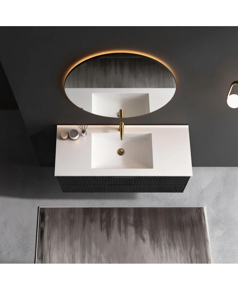 Thirtypeachy 48" Modern Floating Vanity With Ceramic Sink, Black Fluted Wall-Mount Cabinet, 2 Drawers U-Shaped Cutout