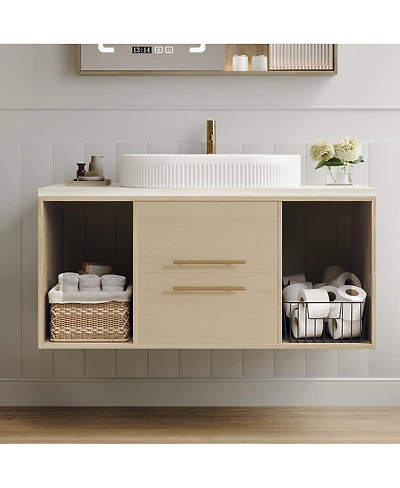 Sillysis 39.3" Modern Wall-Mount Bathroom Vanity with Oval Ceramic Sink, Solid Wood Floating Cabinet & Soft-Close Drawers