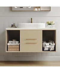 Sillysis 39.3" Modern Wall-Mount Bathroom Vanity with Oval Ceramic Sink, Solid Wood Floating Cabinet & Soft-Close Drawers