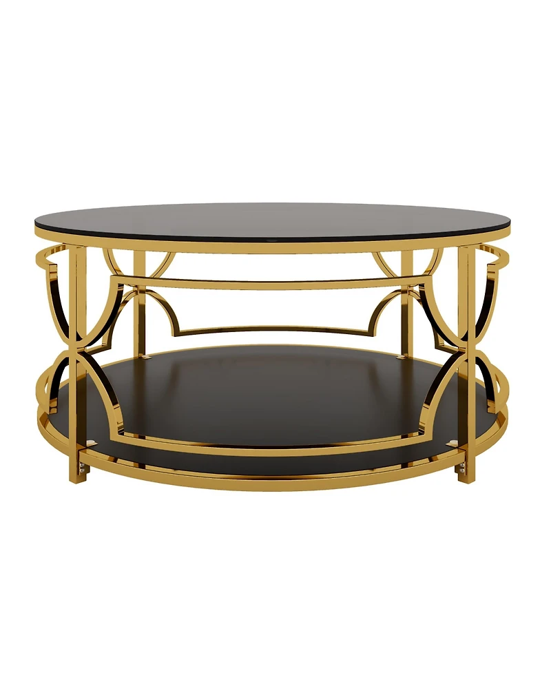 Rainsken Round Tempered Glass Coffee Table, Modern 2-Tier Center Table, Luxurious Geometric Metal Frame for Living Room