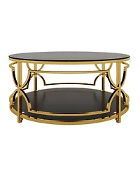 Rainsken Round Tempered Glass Coffee Table, Modern 2-Tier Center Table, Luxurious Geometric Metal Frame for Living Room