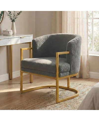 Rainsken Accent Chair, Upholstered Faux Rabbit Fur Armchair with Gold Metal Frame and Curved Backrest Support for Living Room and Bedroom