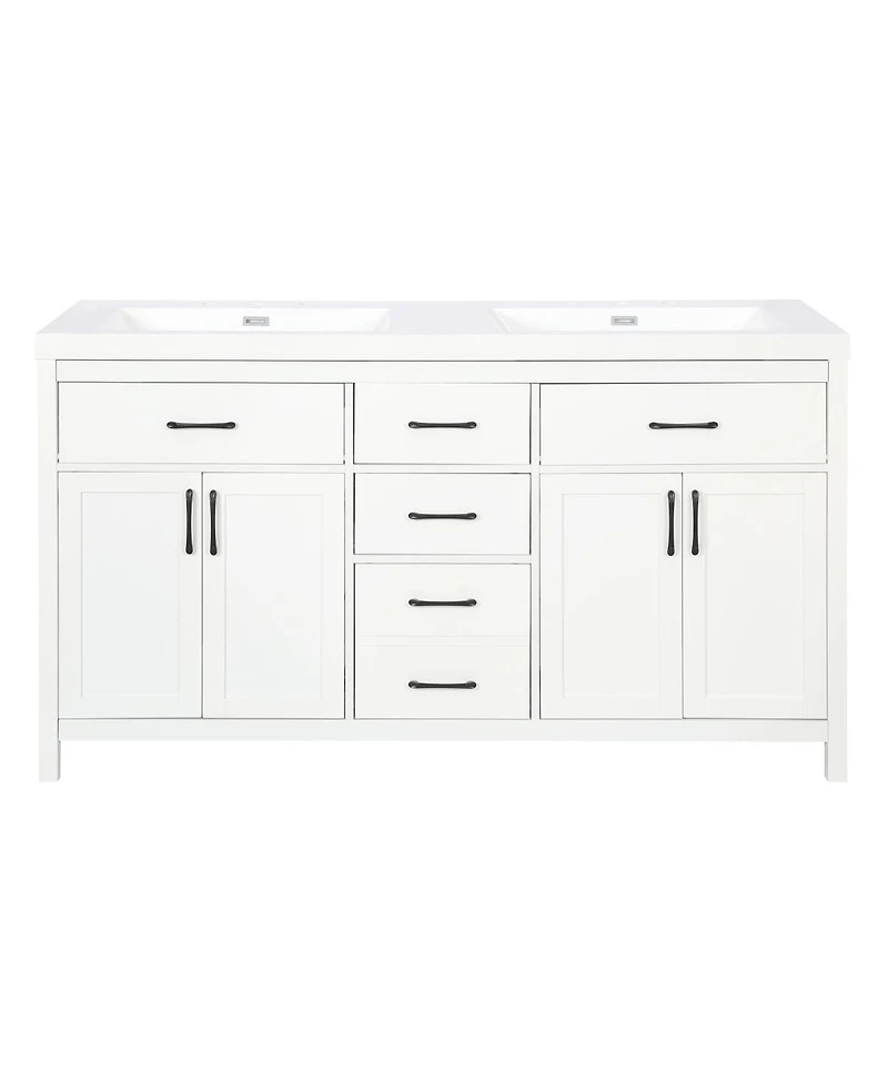 Sillysis 59.3" White Double Sink Bathroom Vanity with Smc Resin Basin, Solid Wood Frame & Soft Close Drawers for Large Bathrooms