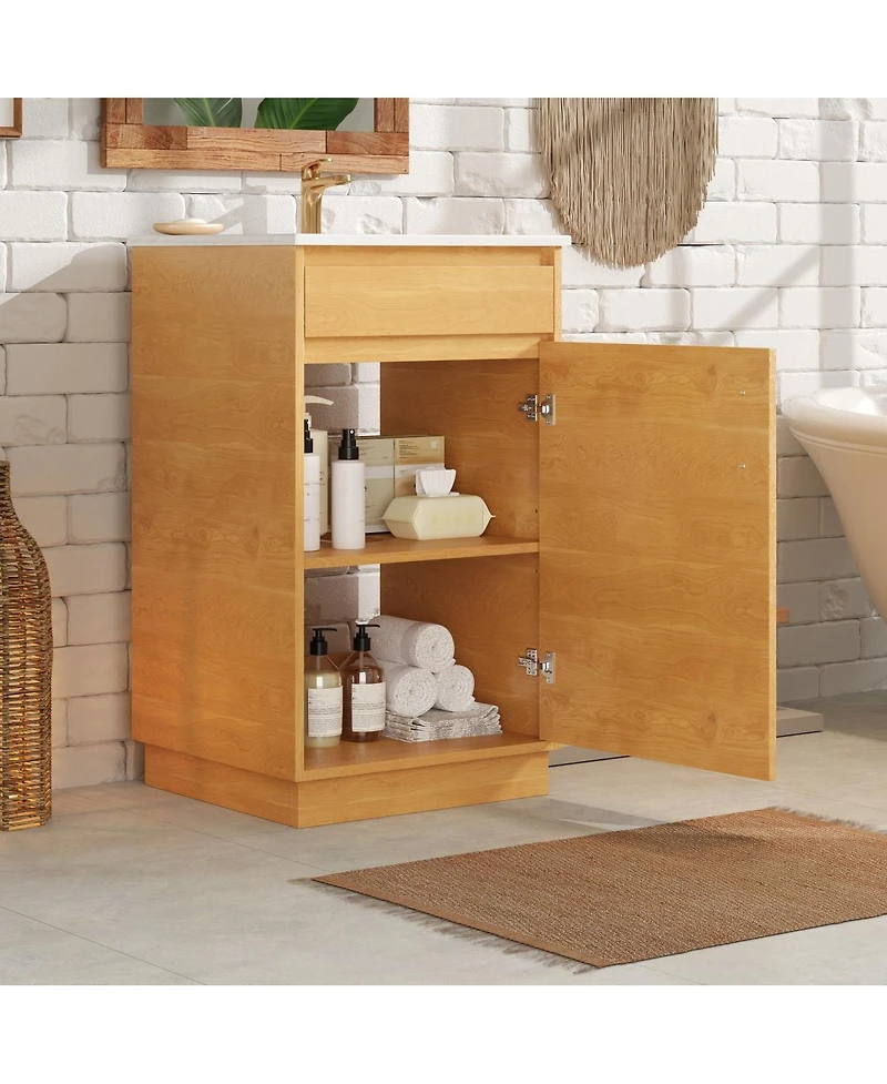 Sillysis 20" Farmhouse Natural Bathroom Vanity with Sink, Rectangular Ceramic Top, Soft Close Door & Adjustable Shelf for Small Space